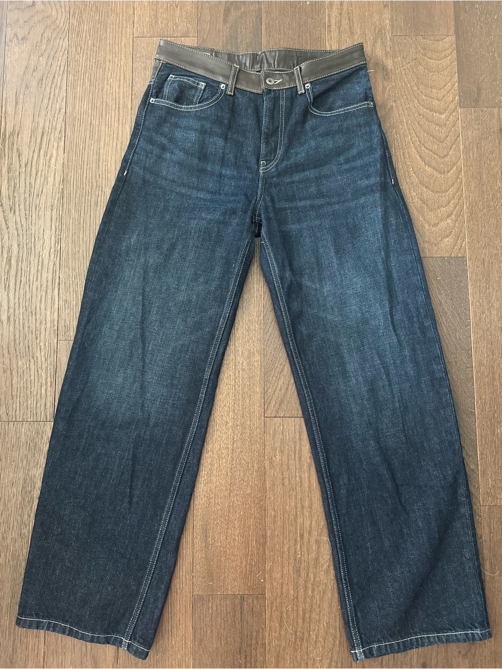 Dark Wash Wide Leg Jeans Brown Leather Look Waistband Y2K style Size 6